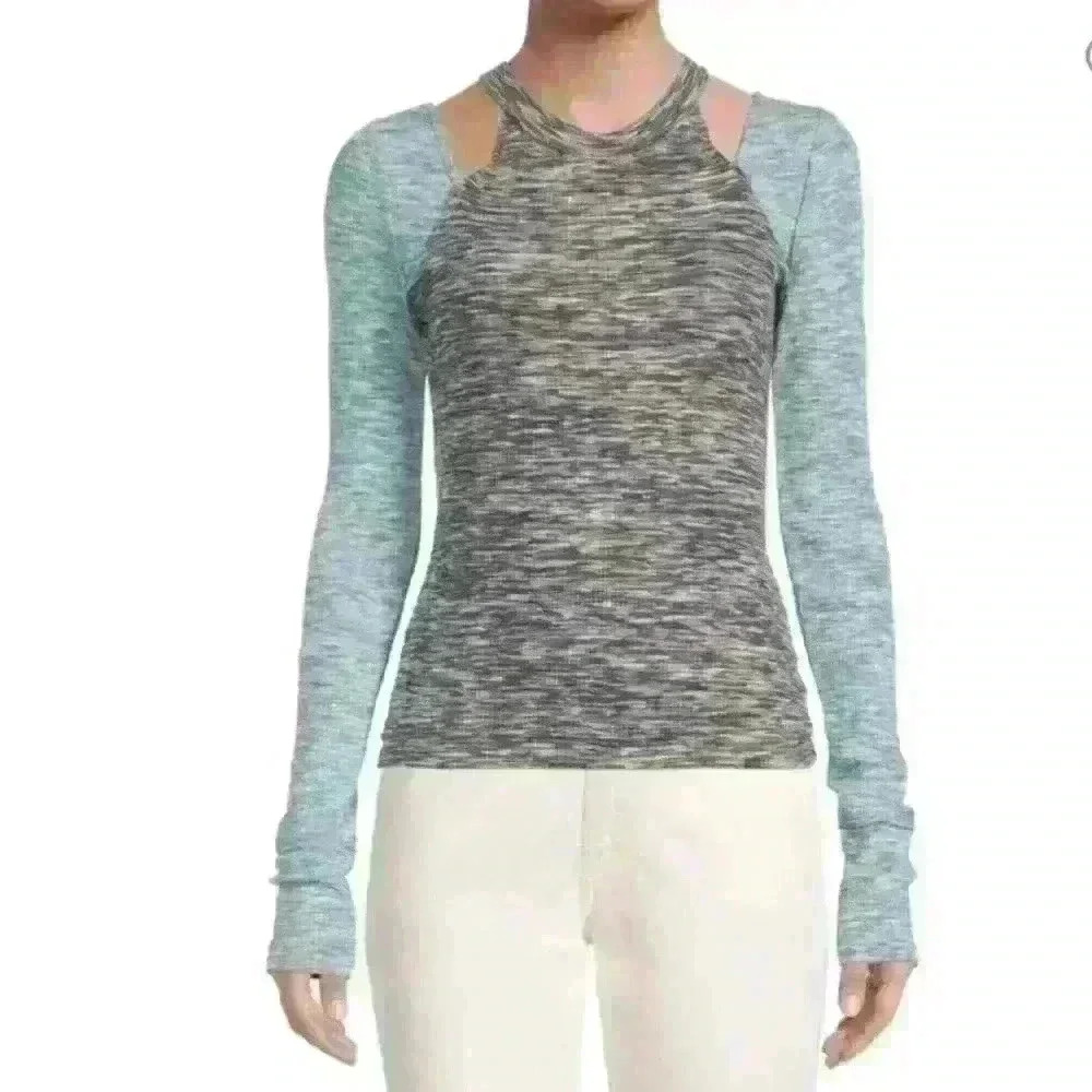 We The Free Heathered Gray and Teal Long Sleeve Tank